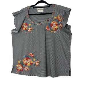 Savannah Jane Top Women's 1X Embroidered Floral‎  Cap Sleeve Stretch Boho